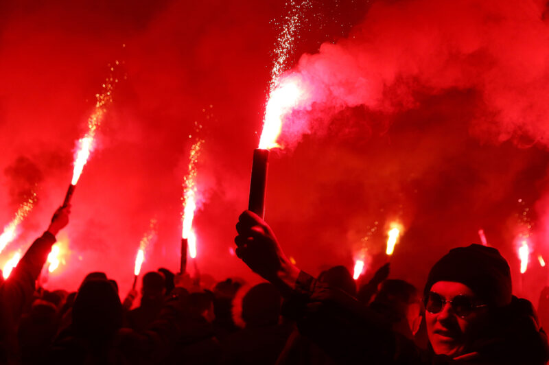 FC Dynamo Kyiv ultras support their team on the road to stadium pyro