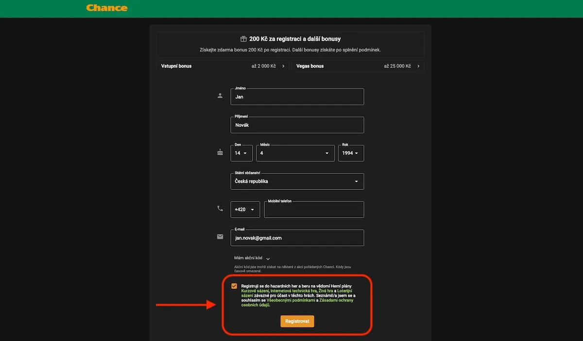Screenshot registračního formuláře Chance s osobními údaji, ověřením a tlačítkem Registrovat pro získání bonusu
