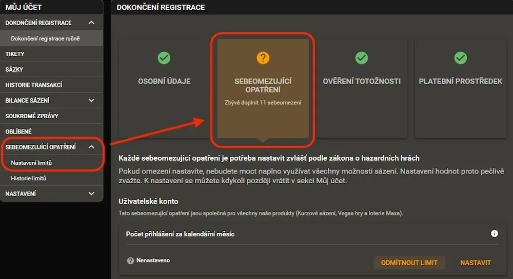 Screenshot stránky Chance pro dokončení registrace, kde uživatel nastavuje sebeomezující opatření a herní limity