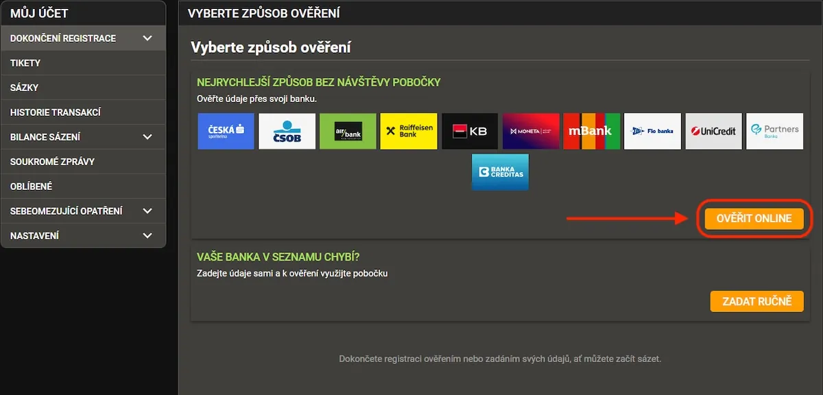 Screenshot stránky Chance pro ověření totožnosti, kde si uživatel vybírá ověření přes banku nebo ruční zadání údajů