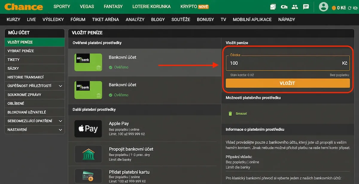 Screenshot stránky Chance pro první vklad, kde uživatel zadává částku a vybírá ověřený bankovní účet jako platební prostředek