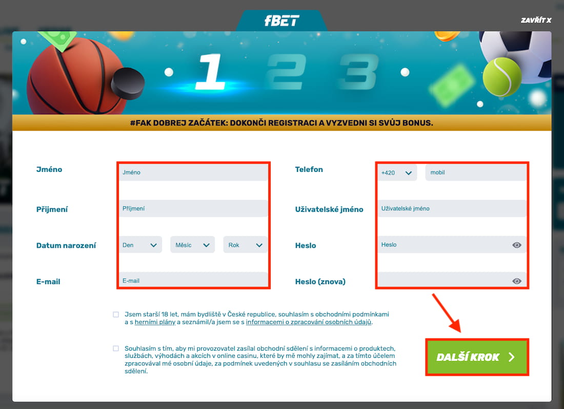 Fbet druhý krok registrace