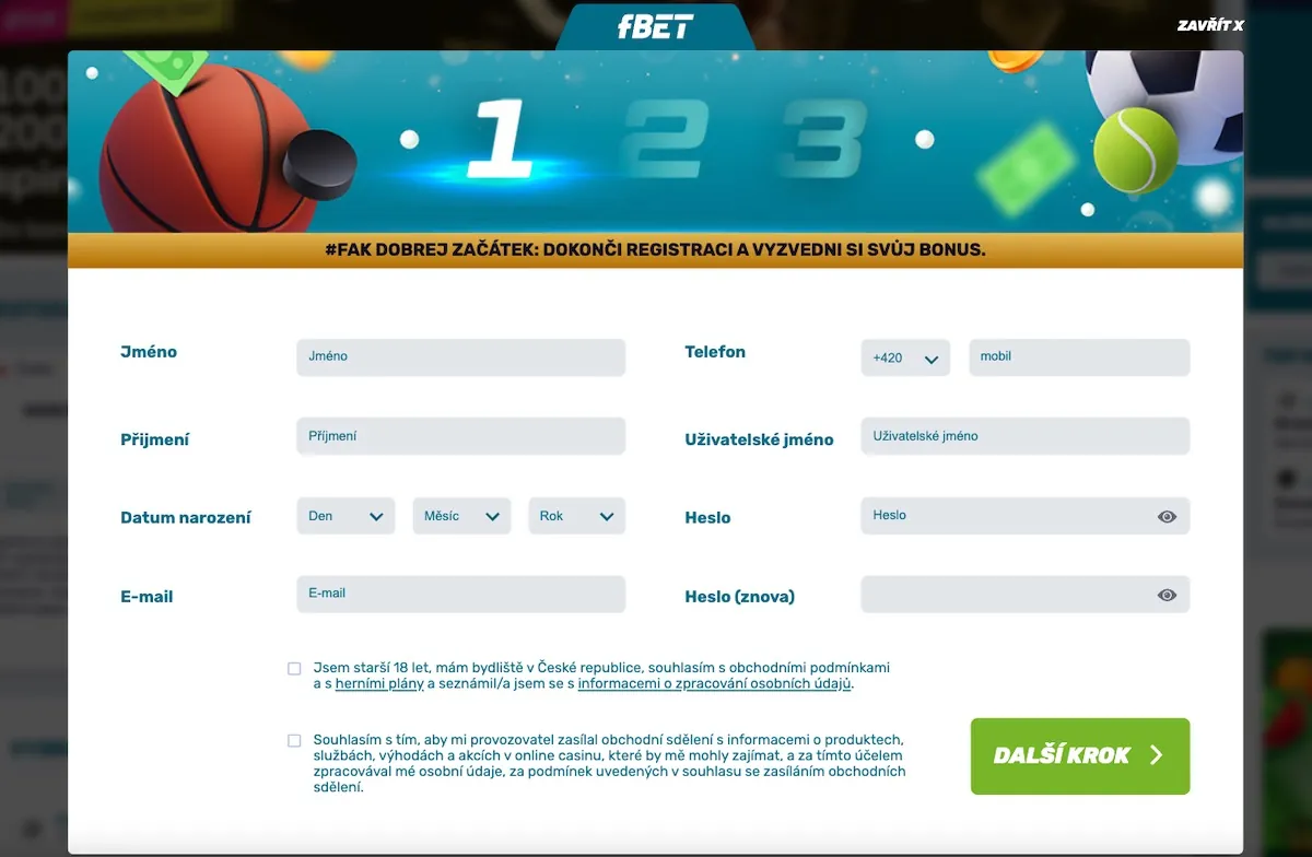 Fbet registrační formulář