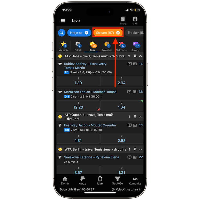 Filtrace tlačítkem Stream