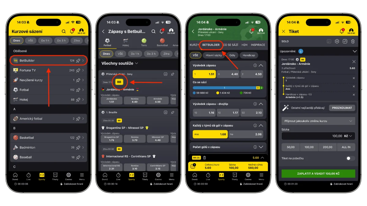 Postup sestavení vlastního Fortuna BetBuilder tiketu krok za krokem