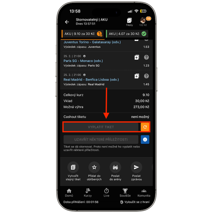Funkce Tipsport cashout