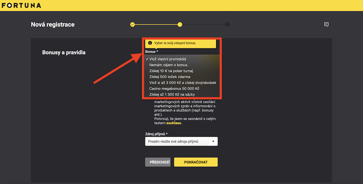 Kam zadat Fortuna promo kód při registraci