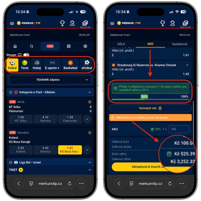 LIVE nabídka MerkurXtipu a AKO tiket se zvýrazněným bonusem 20 %, výzvou k přidání události pro bonus 25 % a částkou extra výhry.