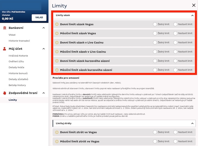 Merkurxtip nastavení sebeomezujicích limitů