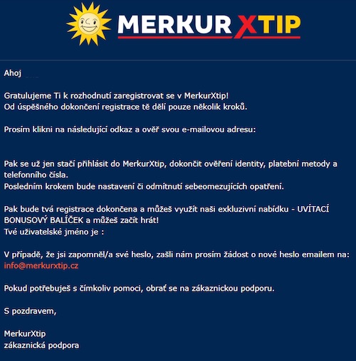 Merkurxtip potvrzovací email registrace