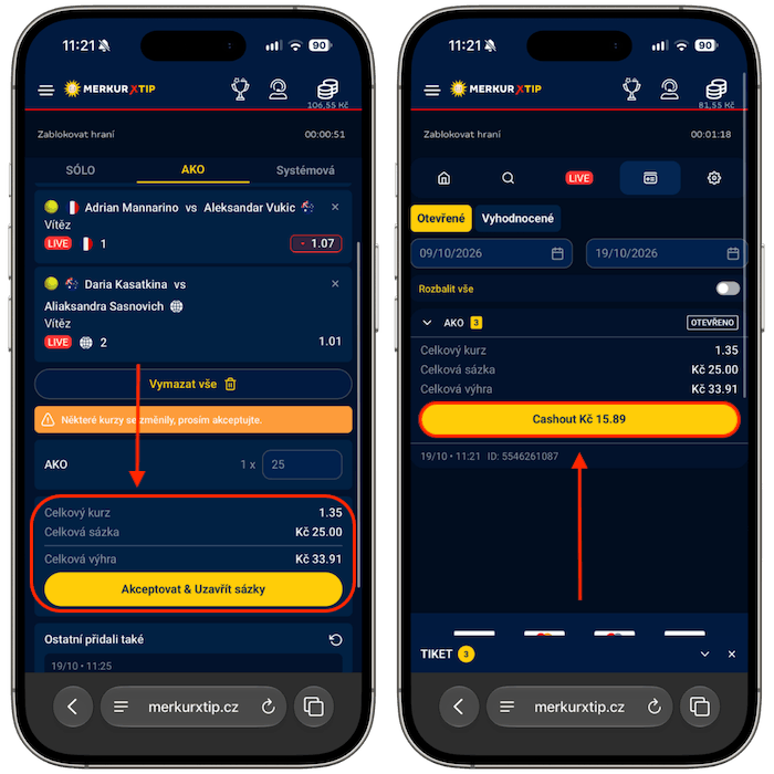 Dva mobilní náhledy MerkurXtip se zvýrazněným potvrzením sázky a tlačítkem Cashout u otevřeného tiketu.