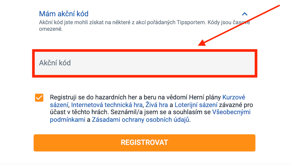 Políčko Tipsport akční kód