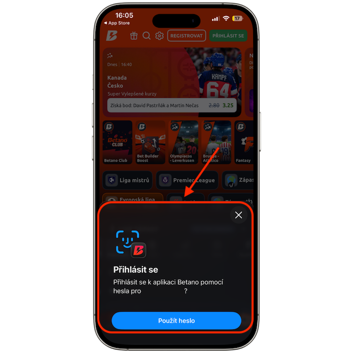 Přihlášení do Betano aplikace pomocí FaceID