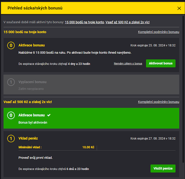 Přijetí a získání vstupního bonusů od Fortuny