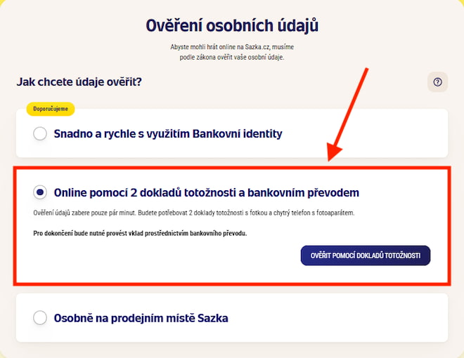 Sazka ověření přes Bank ID