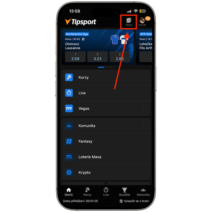 Sekce Moje tikety Tipsport