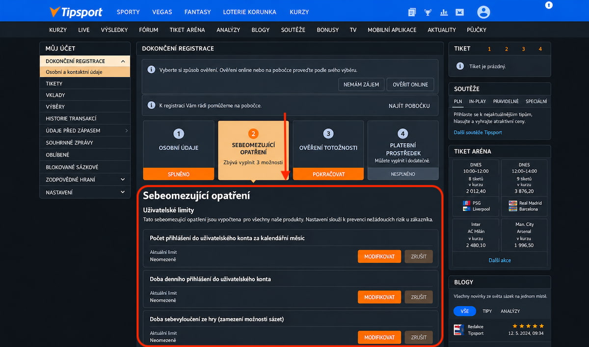 Nastavení sebeomezujících opatření a uživatelských limitů při registraci u Tipsportu