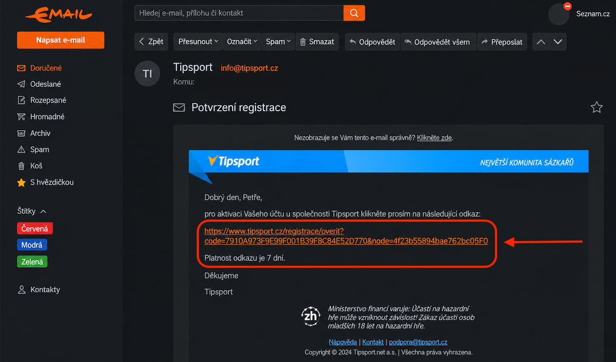 E-mail od Tipsportu s odkazem pro potvrzení registrace v Seznam Emailu