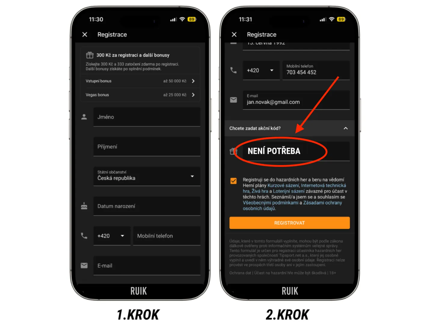 Tipsport registrační formulář s akčním kódem