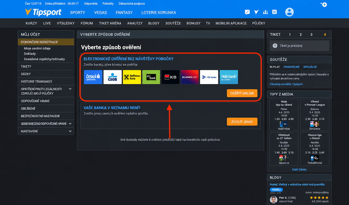 Výběr způsobu ověření účtu u Tipsportu přes banku nebo jinou metodou