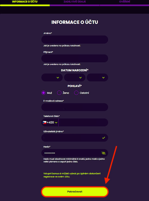 Údaje v Kingsbet registračním formuláři