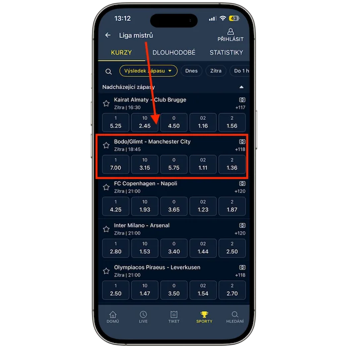 Vyberte si zápas na Sazkabet Betbuilder