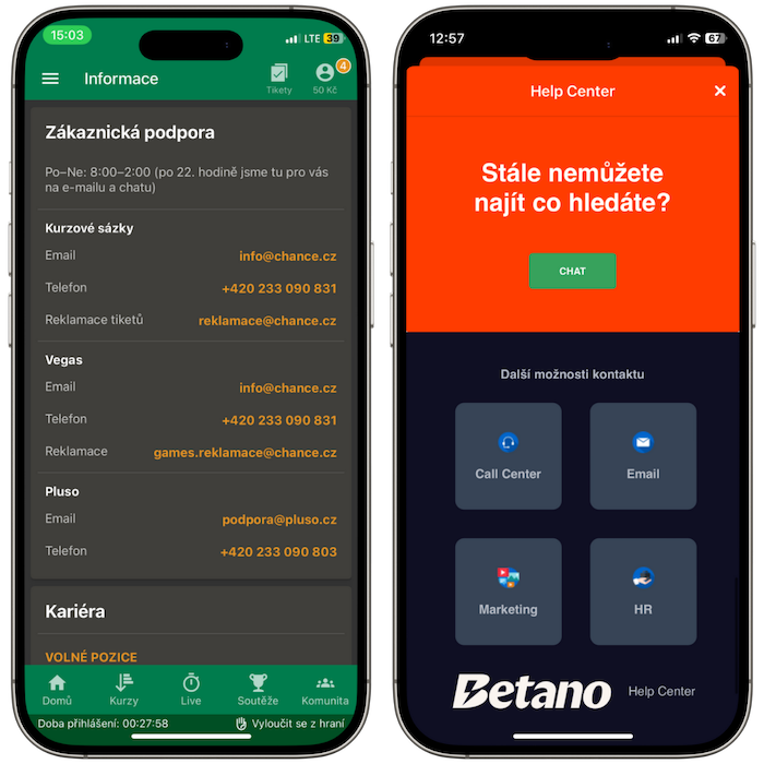 Zákaznická podpora Chance a Betano