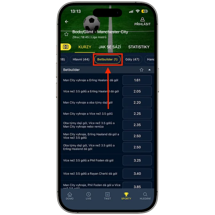 Záložka Betbuilder u Sazkabet