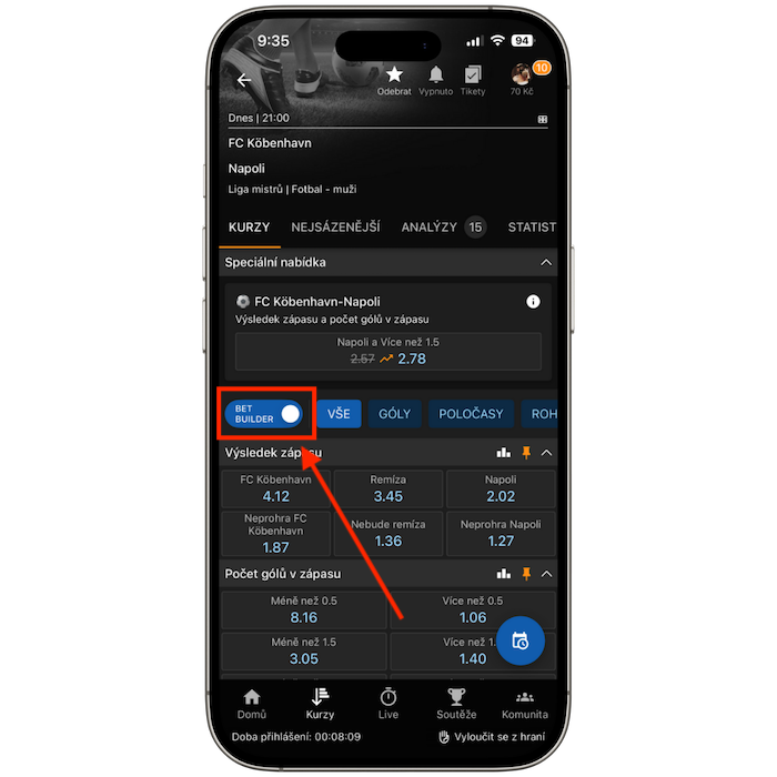 Záložka Betbuilder u Tipsport