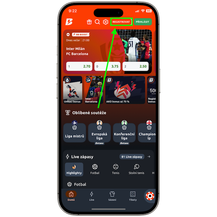 Betano tlačítko registrovat