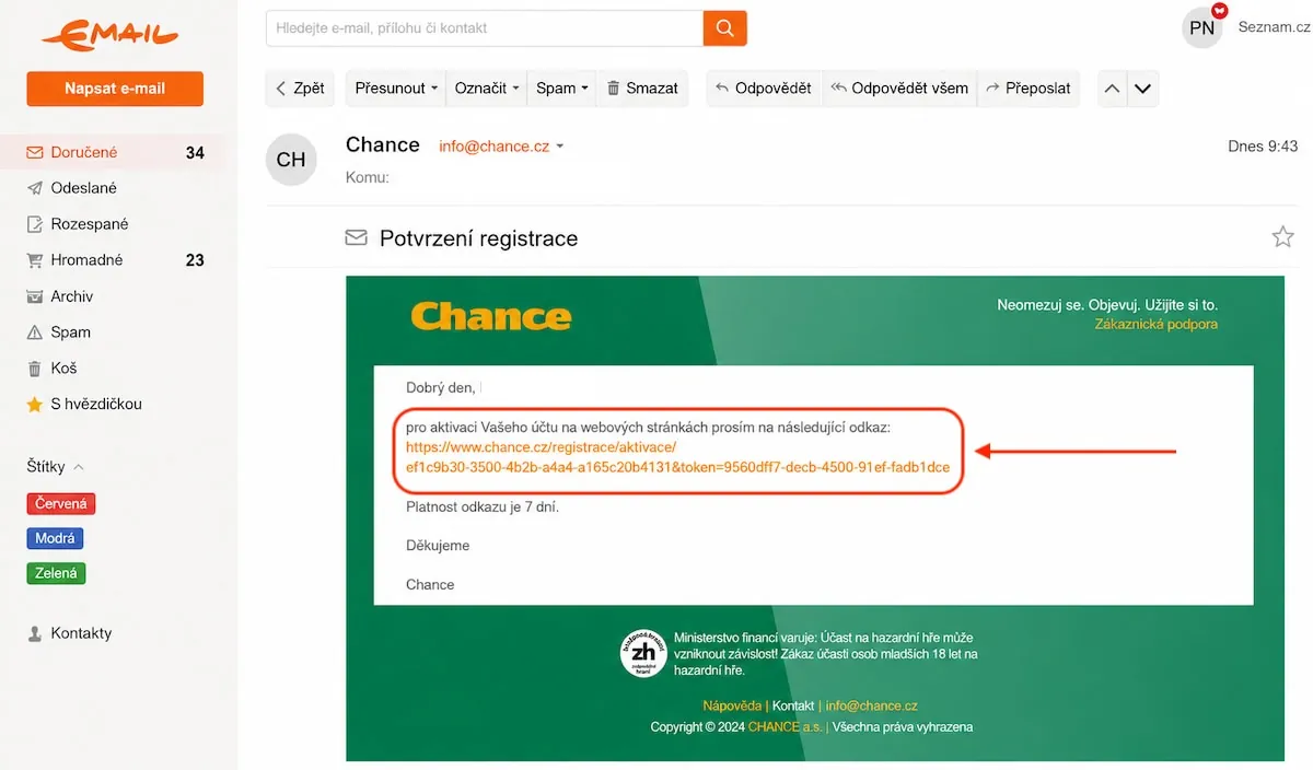 Screenshot potvrzovacího e-mailu od Chance s aktivačním odkazem pro dokončení registrace