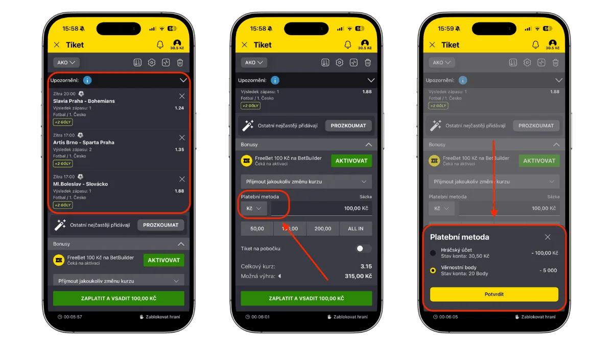 Jak vsadit tiket za věrnostní body u Fortuny – výběr platební metody a potvrzení bodů.