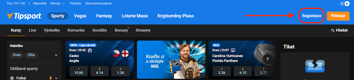 Kde najít registrační formulář na webu Tipsportu.