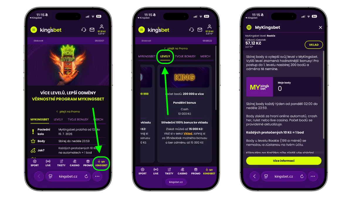 Věrnostní program MyKingsbet s přehledem levelů, bodů a odměn za hraní.