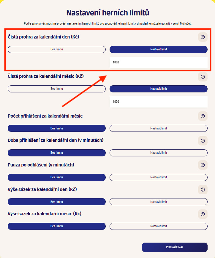 Sazka nastavení herních limitů