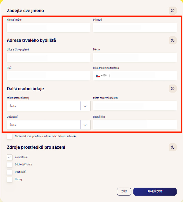 Sazka registrační formulář
