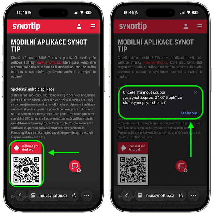 Stažení mobilní aplikace SYNOT TIP pro Android.