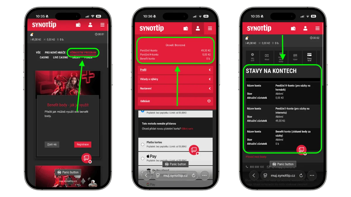 Věrnostní program SynotTip s bronzovou úrovní, benefit body a přehledem stavů na účtech.